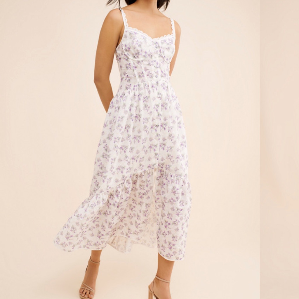 Tamils Dress Lace-Trim White And Lavender Eyelet Midi Dress